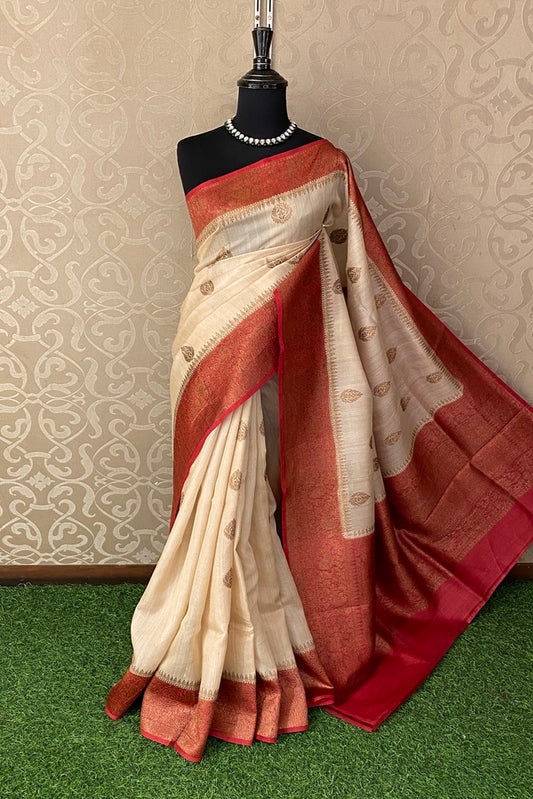 Offwhite Tussar Banarasi Silk Saree, Hand Woven Motifs With Unstiched Blouse