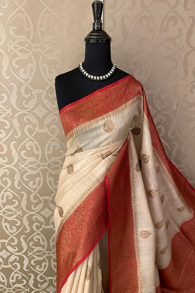 Offwhite Tussar Banarasi Silk Saree, Hand Woven Motifs With Unstiched Blouse