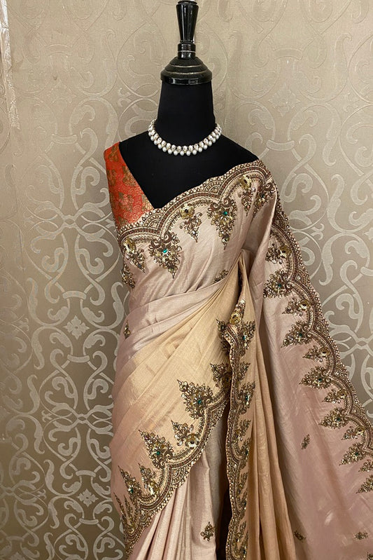 Peaches Gold Pure Soft Tissue Silk Embroidery Saree, With Unstiched Blouse