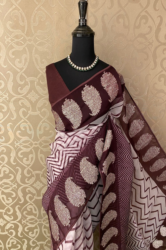 White & Brown Organza Printed Saree With Pita Zari Border, With Unstiched Blouse
