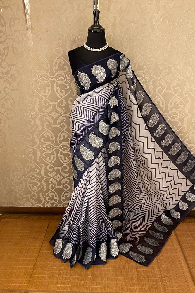 White & Blue Organza Printed Saree With Pita Zari Border, With Unstiched Blouse