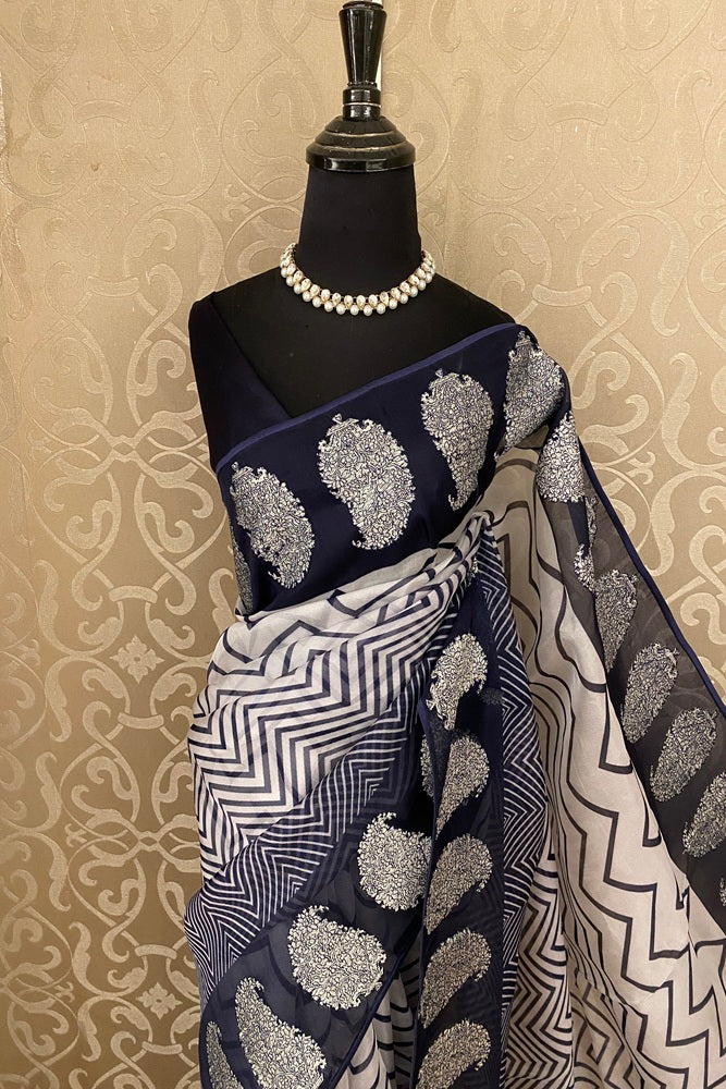 White & Blue Organza Printed Saree With Pita Zari Border, With Unstiched Blouse