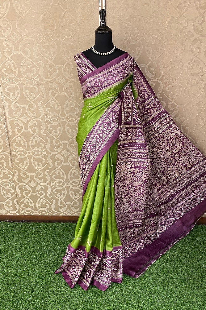 Lime Green & Purple Tussar Embroidery Saree With Kantha Work Border, With Unstitched Blouse