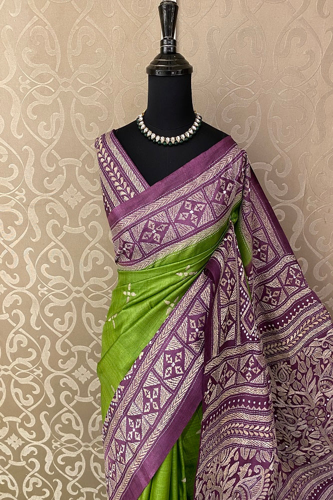 Lime Green & Purple Tussar Embroidery Saree With Kantha Work Border, With Unstitched Blouse