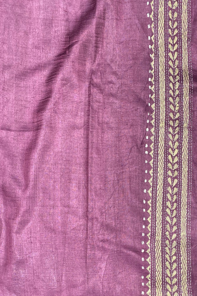 Lime Green & Purple Tussar Embroidery Saree With Kantha Work Border, With Unstitched Blouse