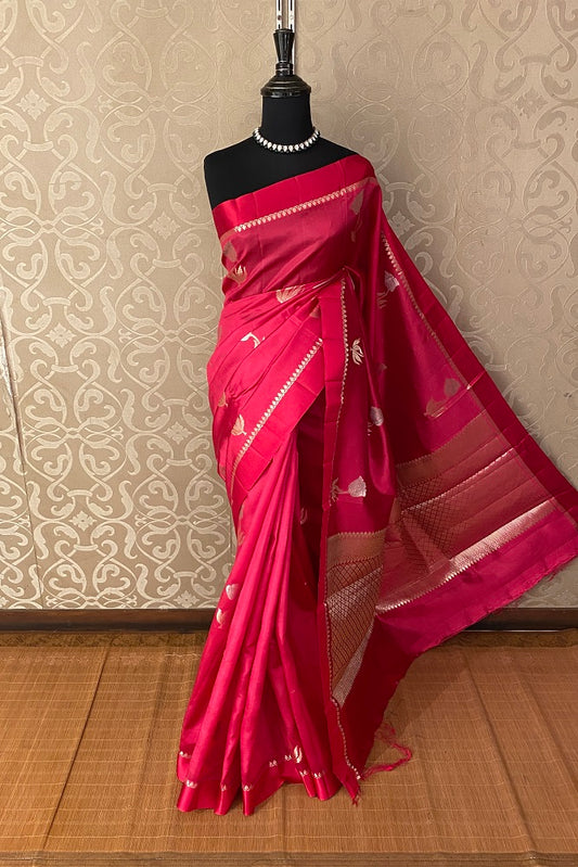 Redish PInk Chiniya Silk Saree Hand Woven Butas With Blouse