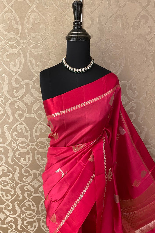 Redish PInk Chiniya Silk Saree Hand Woven Butas With Blouse