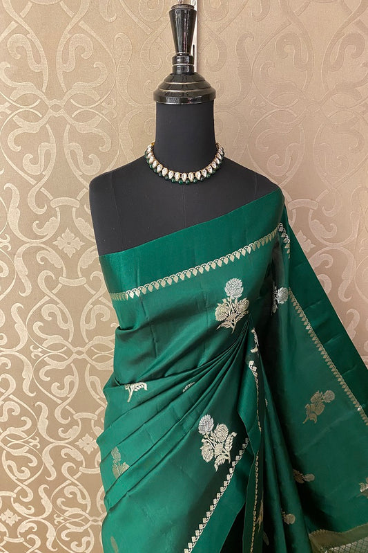 Green Chiniya Silk Saree Hand Woven Butas With Blouse