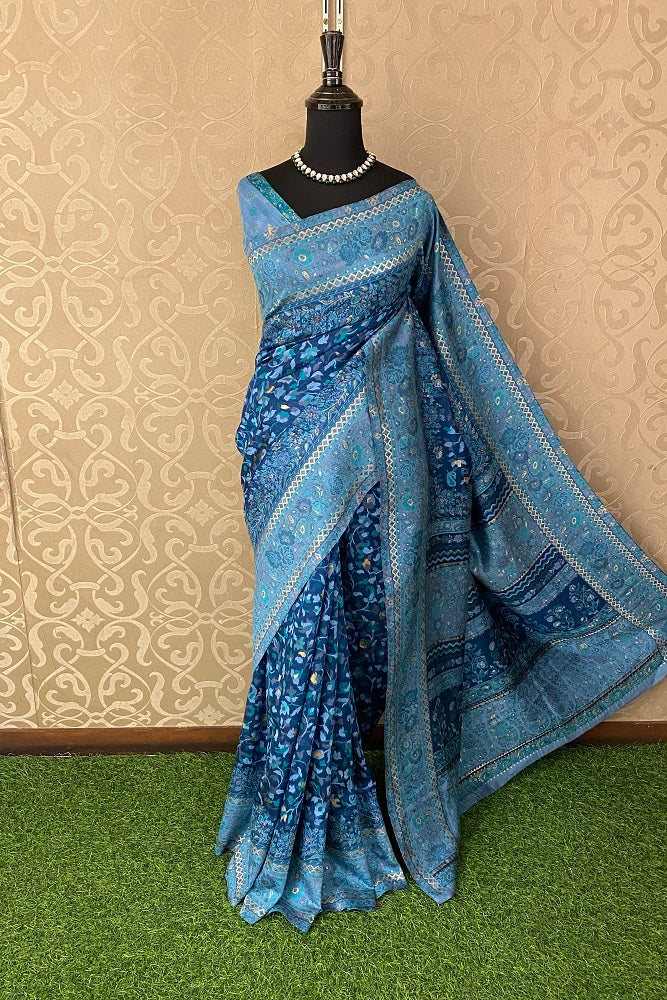 Deep Blue Pure Kani Handloom Silk Saree With Unstiched Floral Woven Blouse