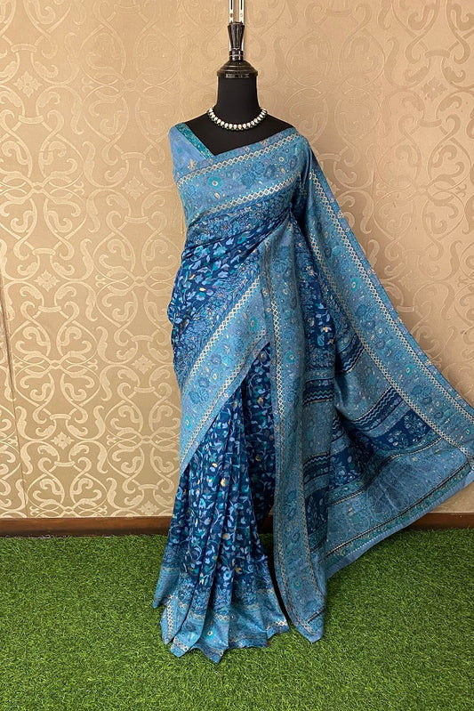 Deep Blue Pure Kani Handloom Silk Saree With Unstiched Floral Woven Blouse