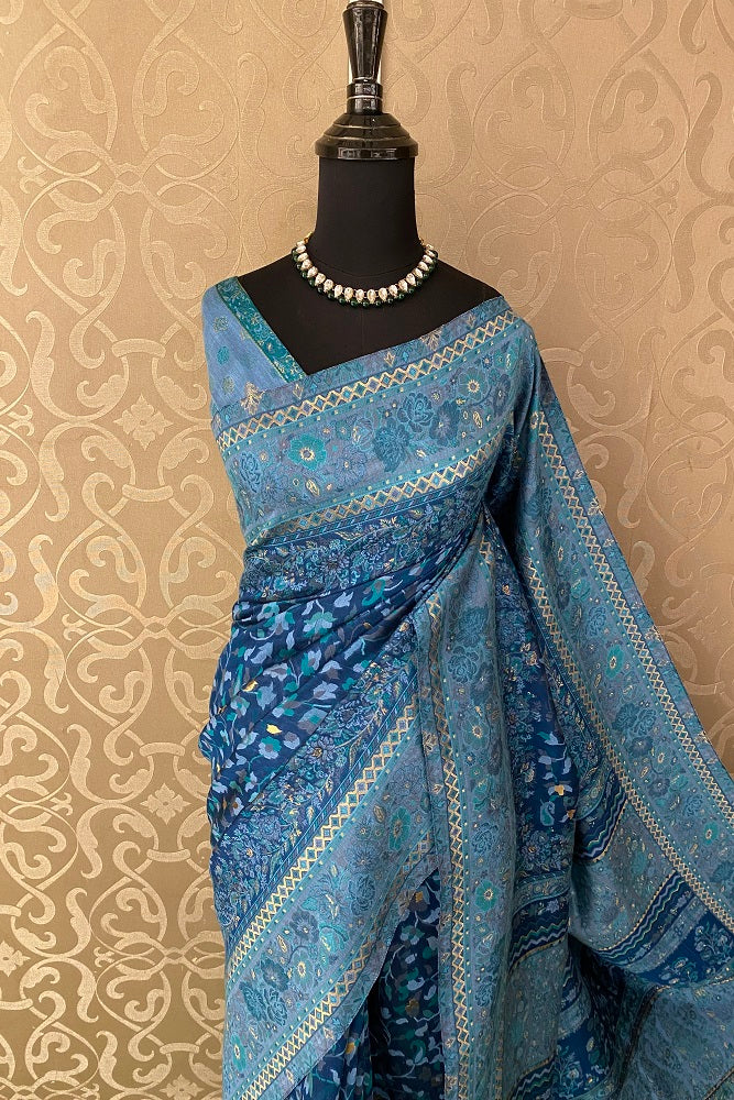 Deep Blue Pure Kani Handloom Silk Saree With Unstiched Floral Woven Blouse