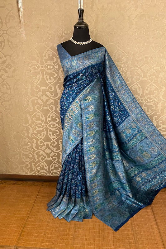 Deep Blue Pure Kani Handloom Silk Saree With Unstiched Buta Woven Blouse