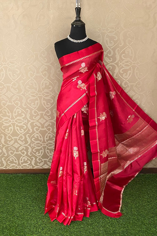 Red Chiniya Silk Saree Hand Woven Butas With Blouse
