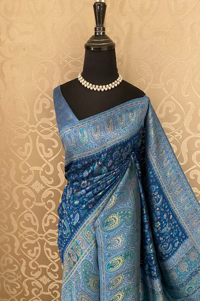 Deep Blue Pure Kani Handloom Silk Saree With Unstiched Buta Woven Blouse