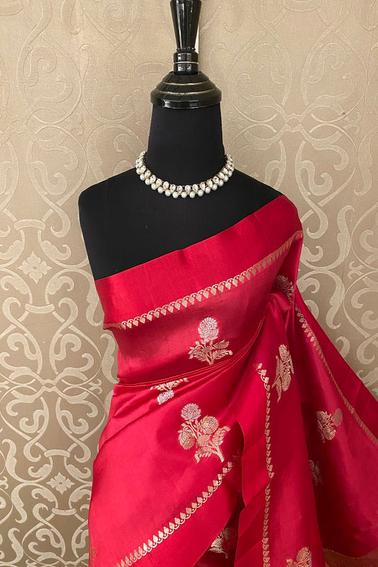 Red Chiniya Silk Saree Hand Woven Butas With Blouse