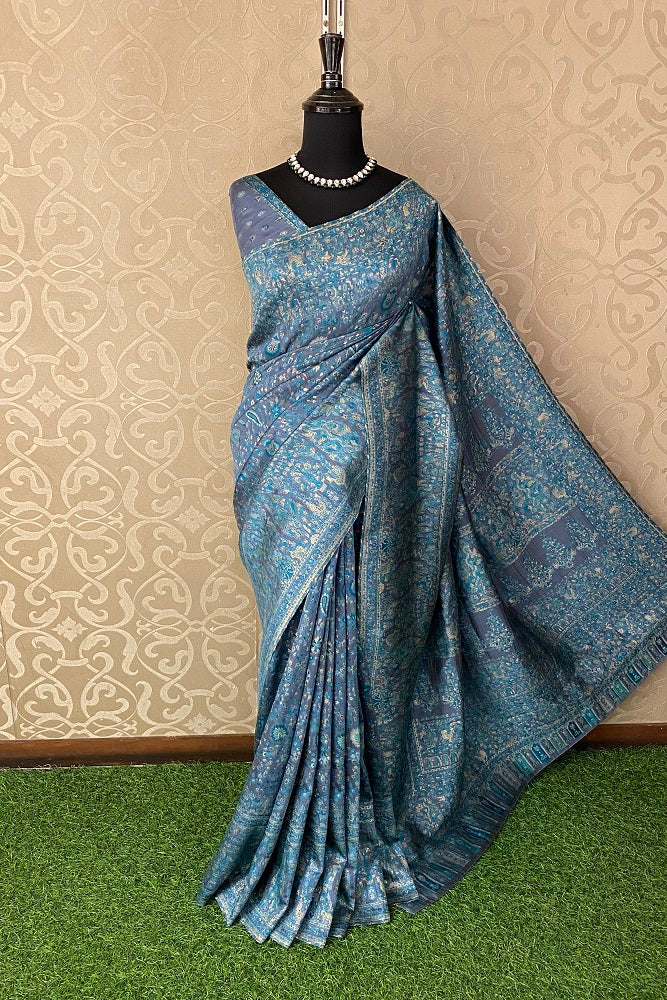 Purple Blue Pure Kani Handloom Silk Saree With Unstiched Woven Blouse