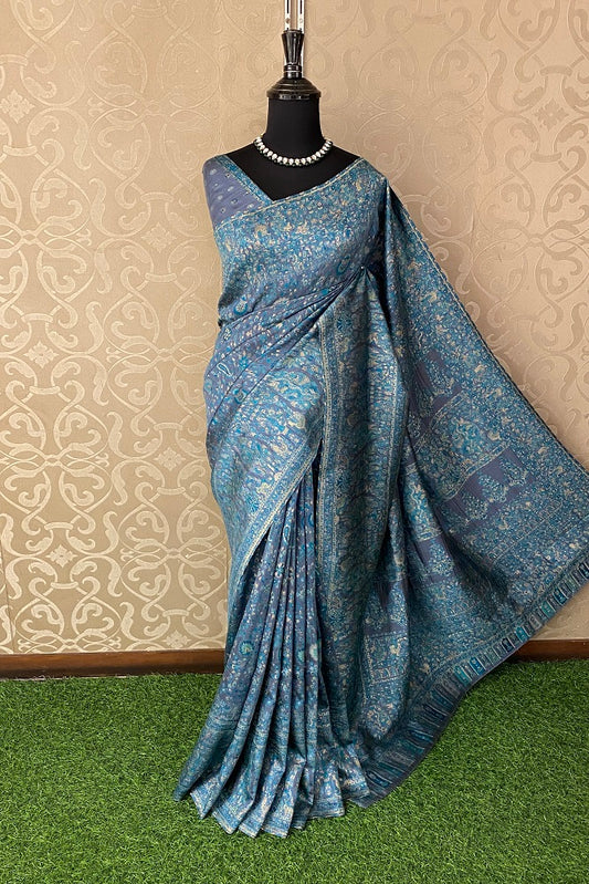 Purple Blue Pure Kani Handloom Silk Saree With Unstiched Woven Blouse
