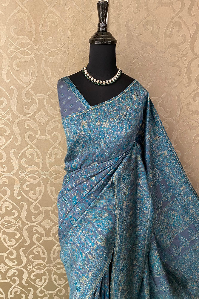 Purple Blue Pure Kani Handloom Silk Saree With Unstiched Woven Blouse
