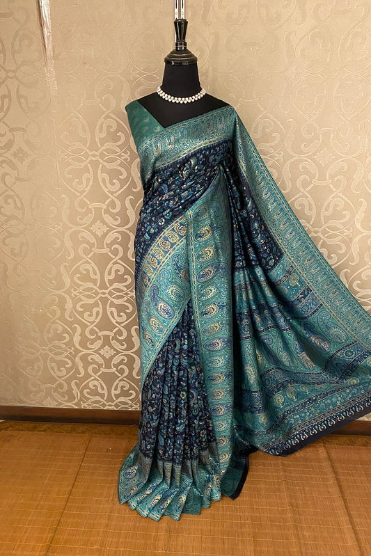 Dark Blue Pure Kani Handloom Silk Saree With Unstiched Buta Woven Blouse