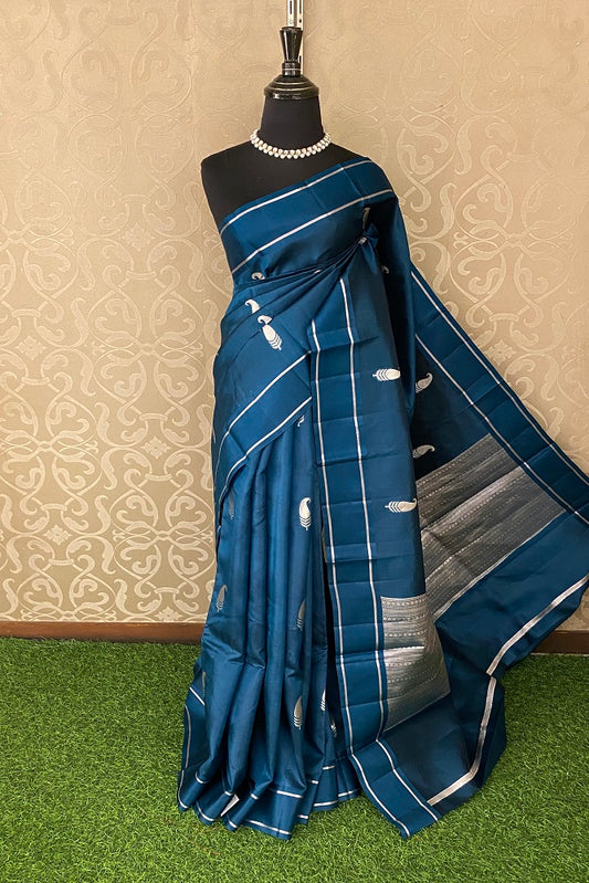 Teal Blue Chiniya Silk Saree Hand Woven Butas With Blouse