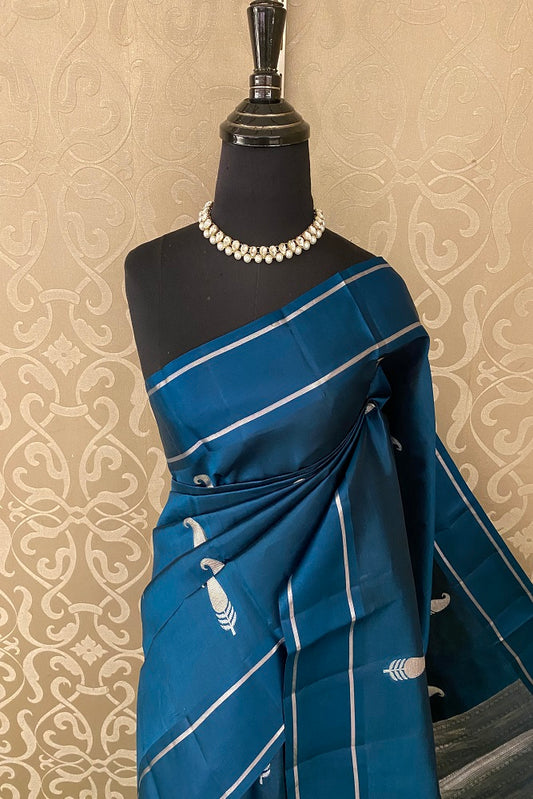 Teal Blue Chiniya Silk Saree Hand Woven Butas With Blouse