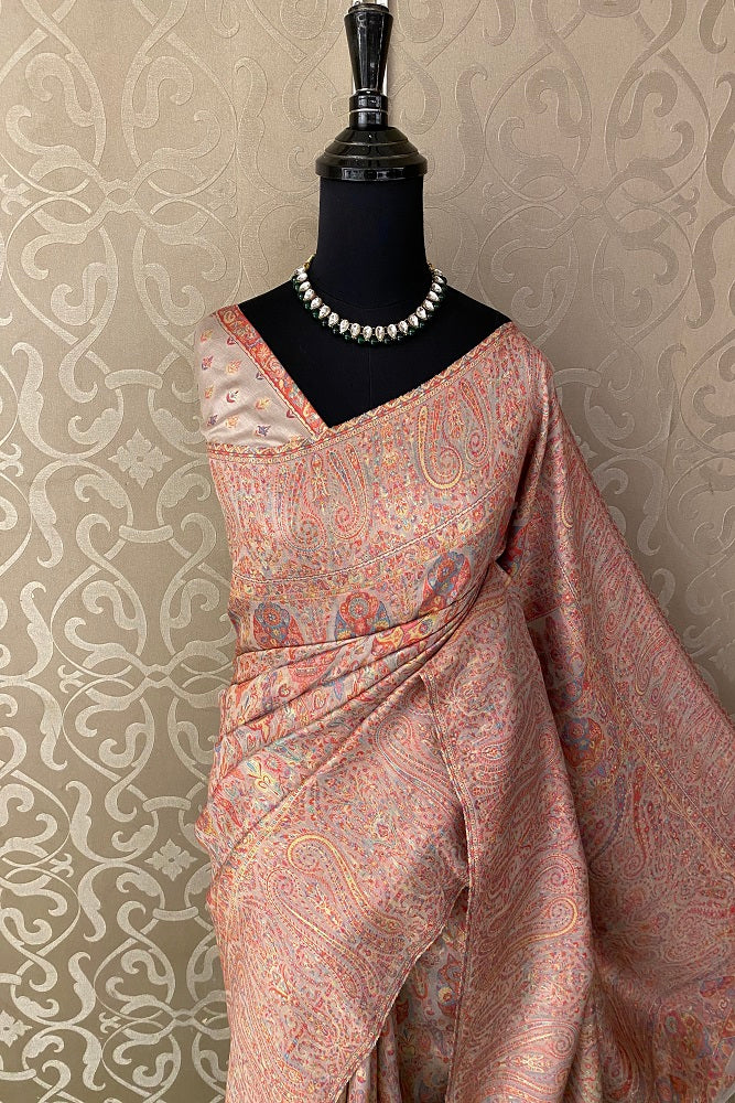 Peach Pure Kani Handloom Silk Saree With Unstiched Buta Woven Blouse