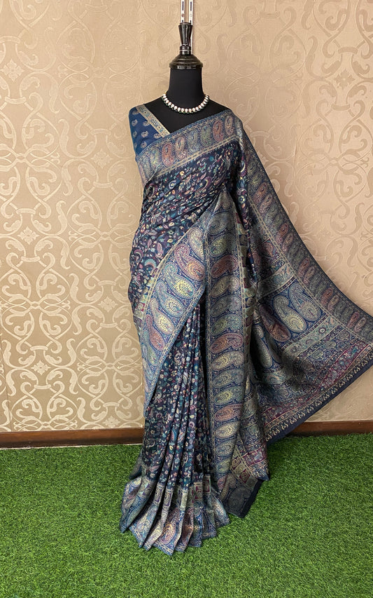 Dark Blue & Purple Pure Kani Handloom Silk Saree With Unstiched Buta Woven Blouse