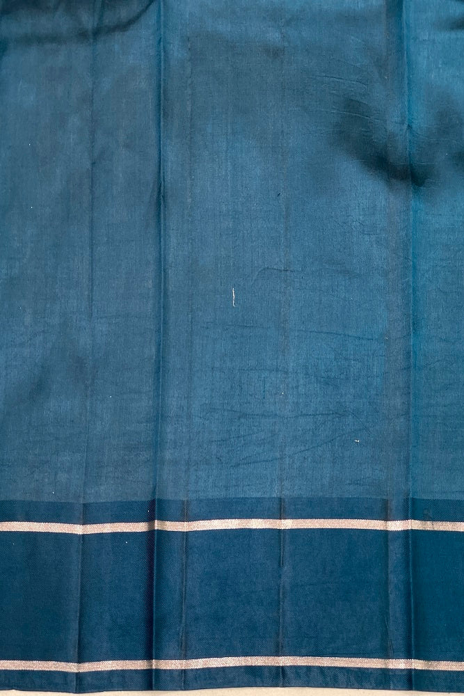 Teal Blue Chiniya Silk Saree Hand Woven Butas With Blouse