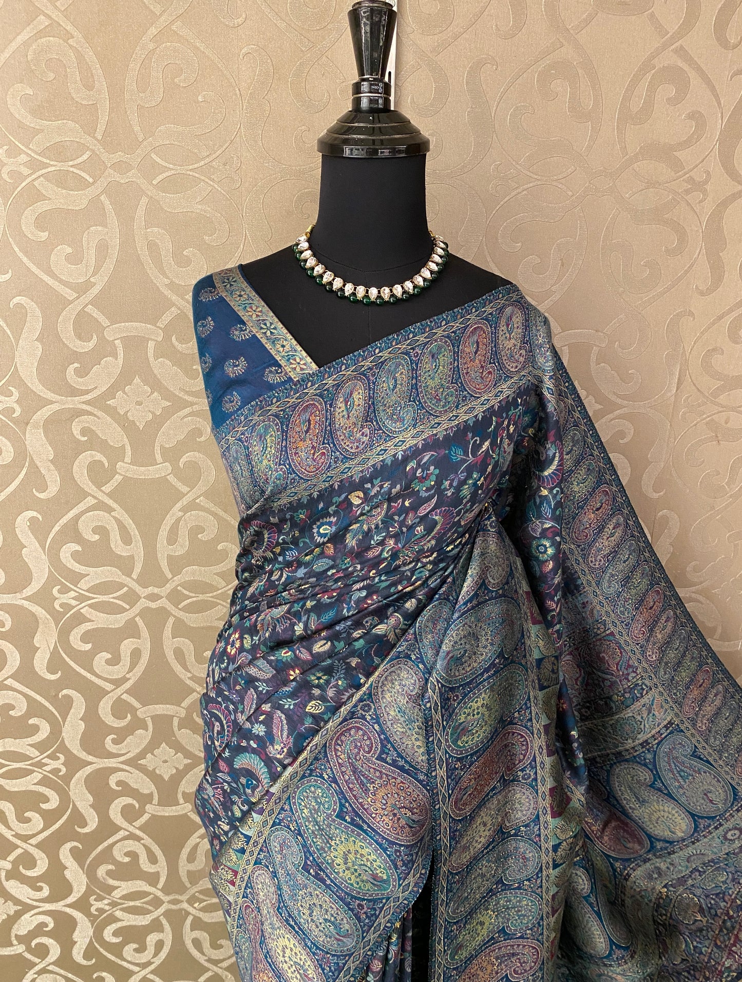 Dark Blue & Purple Pure Kani Handloom Silk Saree With Unstiched Buta Woven Blouse