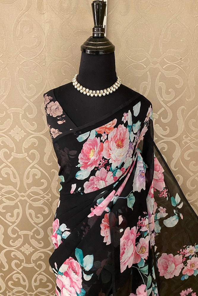 Black Floral Printed Chiffon Saree With Blouse Piece