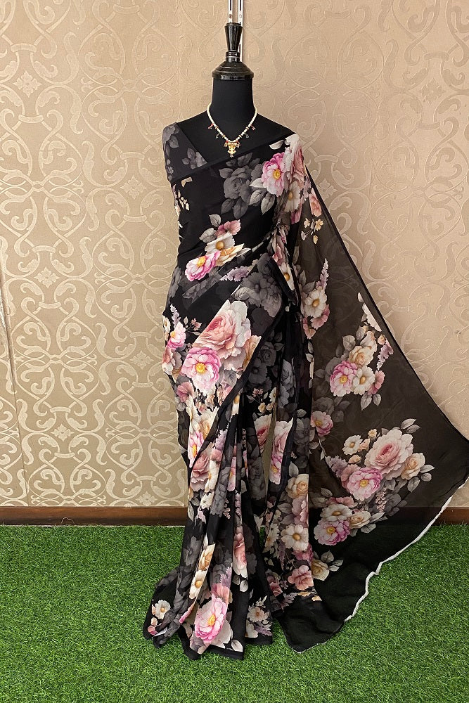 Black  Floral Printed Chiffon Saree With Blouse Piece