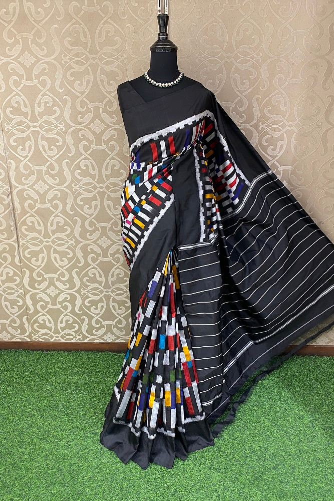 Balck & Multi Pochampally Ikat Silk Saree, With Unstiched Blouse