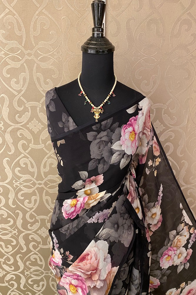 Black  Floral Printed Chiffon Saree With Blouse Piece