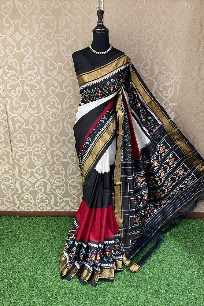 Multi, Balck & White Pochampally Ikat Silk Saree, With Unstiched Blouse