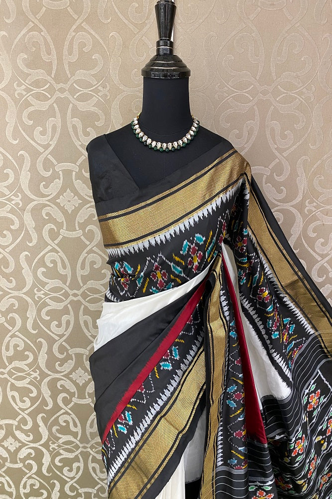 Multi, Balck & White Pochampally Ikat Silk Saree, With Unstiched Blouse