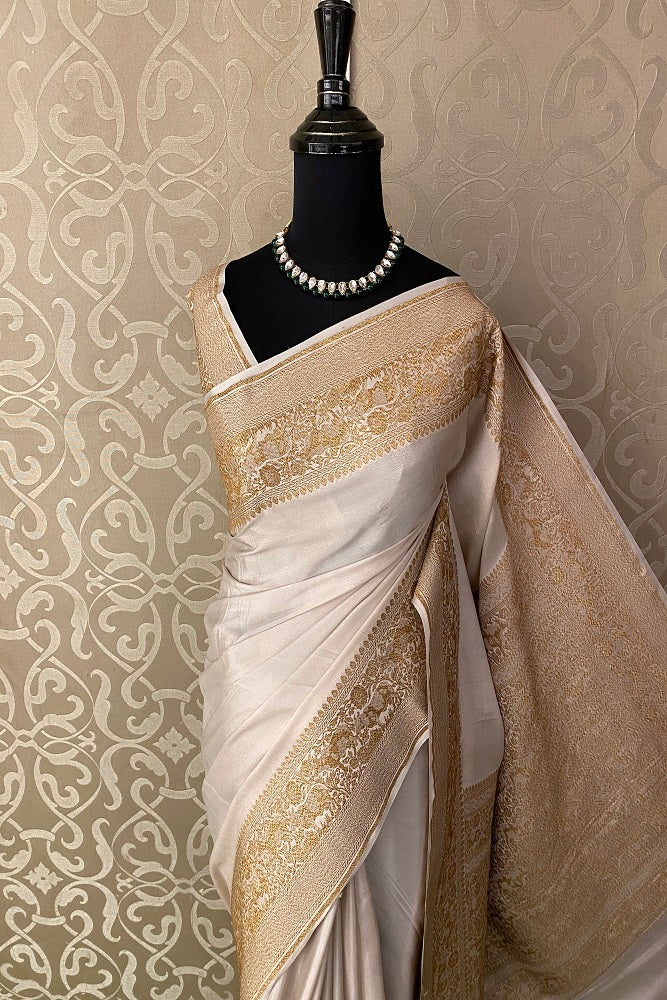 Offwhite Crepe Silk Party Wear Saree, With Unstitched Blouse