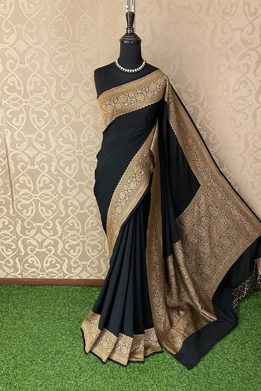 Black Crepe Silk Party Wear Saree, With Unstitched Blouse
