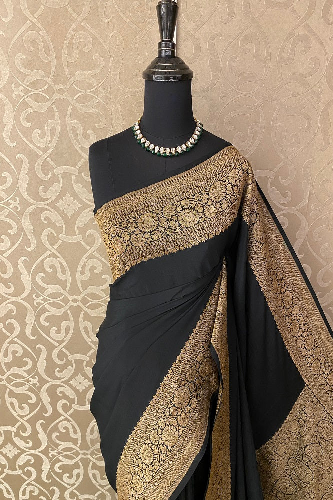 Black Crepe Silk Party Wear Saree, With Unstitched Blouse