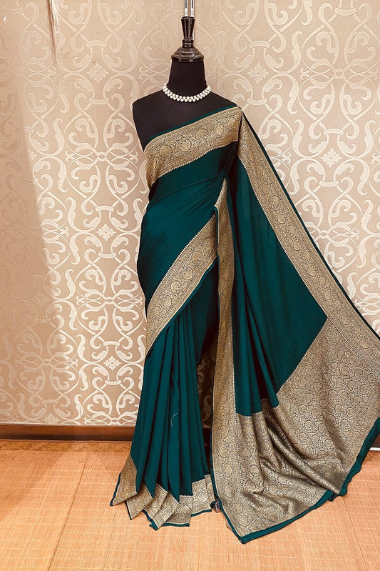 Bottle Green Crepe Silk Party Wear Saree, With Unstitched Blouse