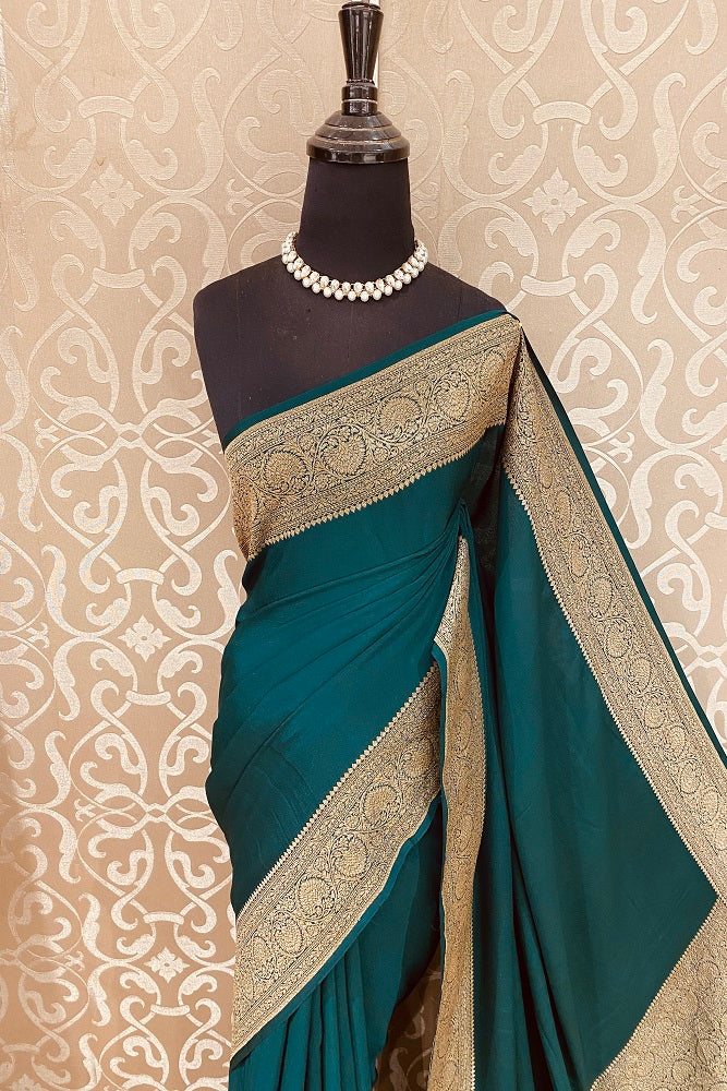 Bottle Green Crepe Silk Party Wear Saree, With Unstitched Blouse