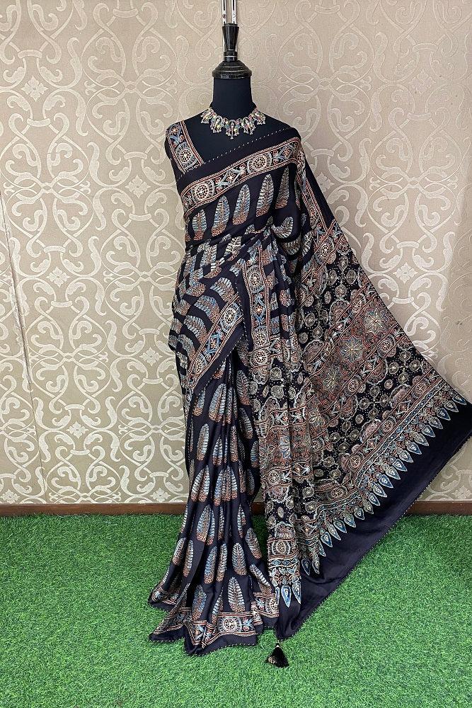 Black Pure Modal Silk Ajrakh  Printed & Embroidery Work  Saree, With Blouse