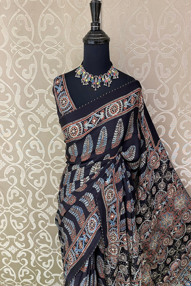 Black Pure Modal Silk Ajrakh  Printed & Embroidery Work  Saree, With Blouse