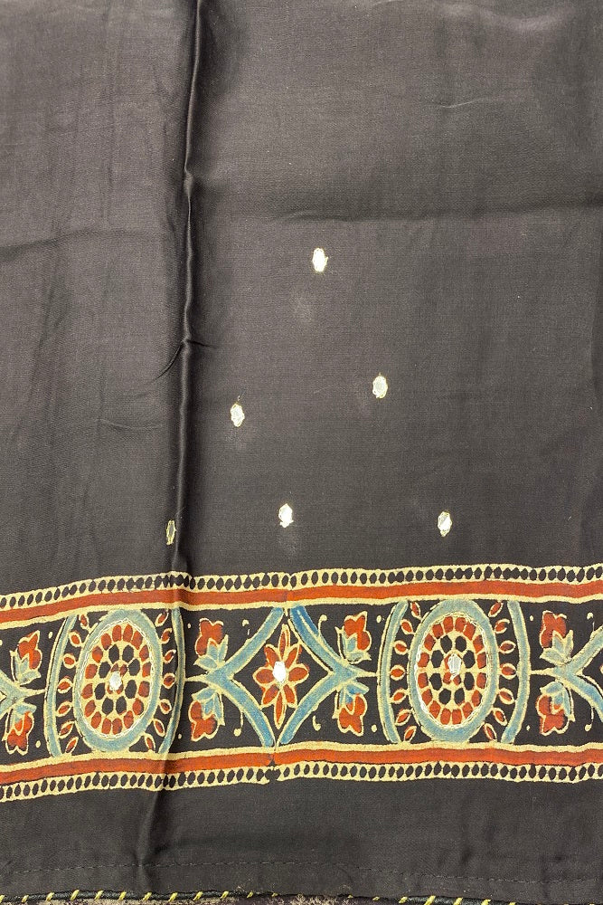 Black Pure Modal Silk Ajrakh  Printed & Embroidery Work  Saree, With Blouse