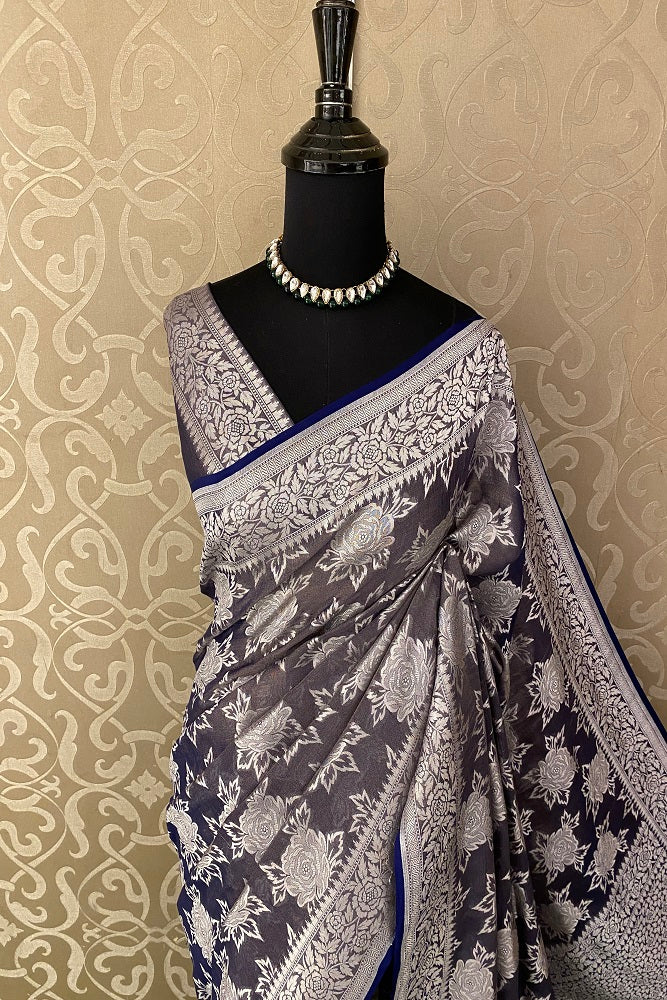Ink Blue Pure Tissue Banarasi Saree, With Blouse Piece
