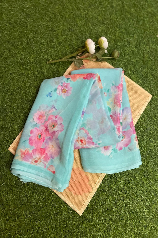Fiozi Blue Multi Floral Printed Chiffon Saree With Blouse Piece