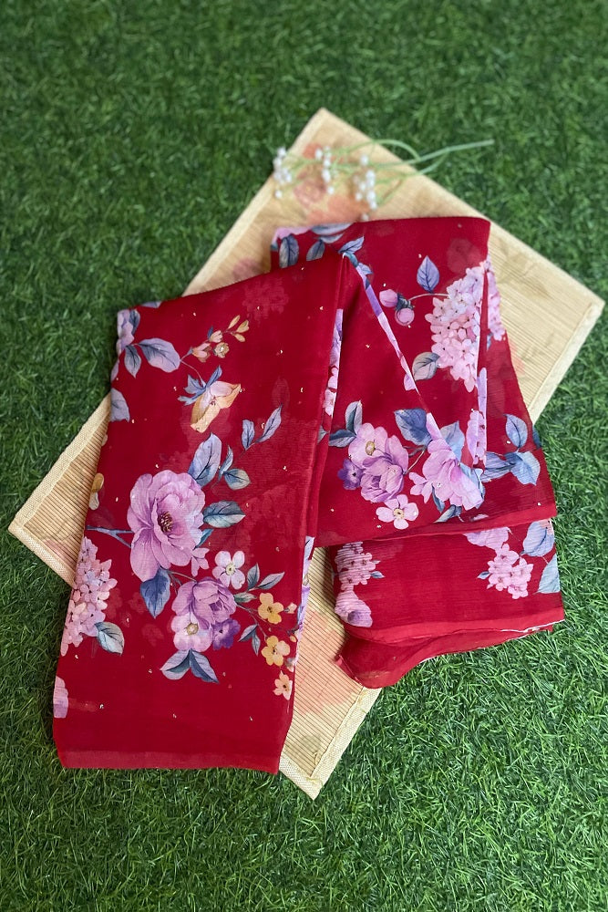 Red Multi Floral Printed Chiffon Saree With Blouse Piece