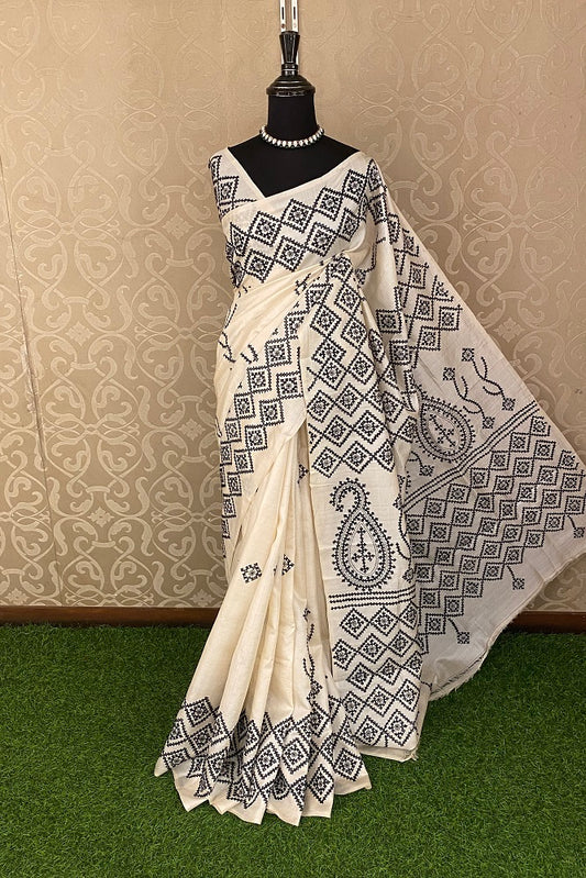 Offwhite Pure Tussar Bengal Kantha Stitch Saree With Blouse.