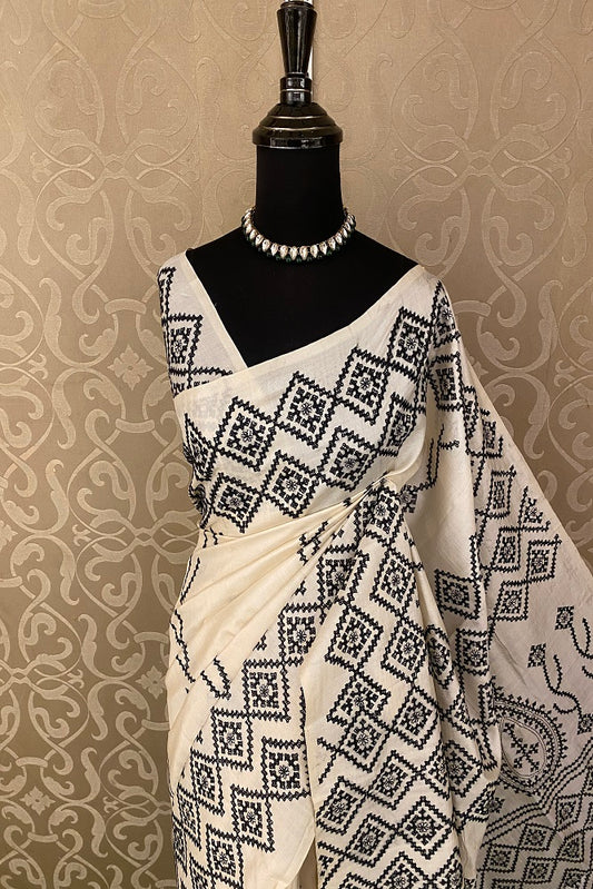 Offwhite Pure Tussar Bengal Kantha Stitch Saree With Blouse.