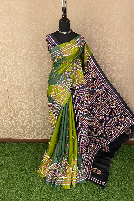 Multi Pure Tussar Bengal Kantha Stitch Saree With Blouse.