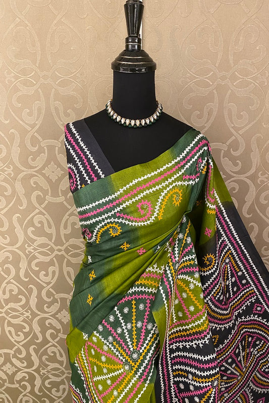 Multi Pure Tussar Bengal Kantha Stitch Saree With Blouse.